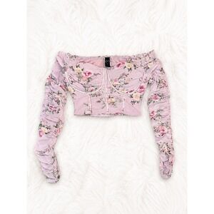 Windsor Floral Mesh Corset Crop Top Small Pink Off Shoulder Ruched Y2K Fairycore